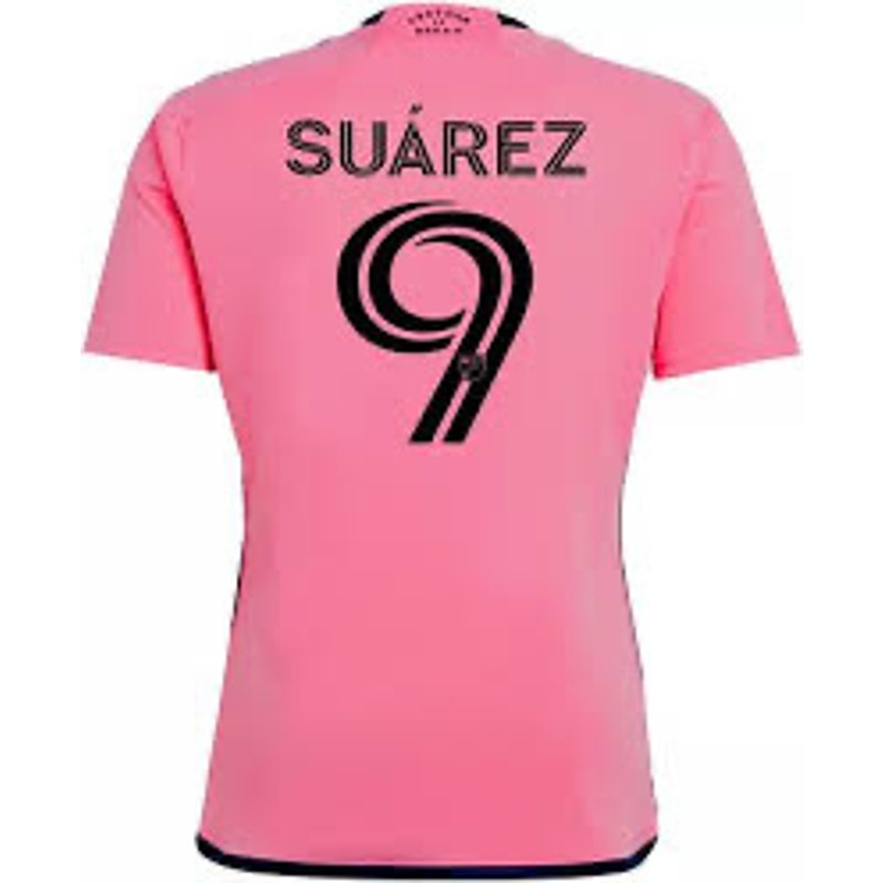 Pink Adidas Inter Miami CF Lionel Messi jersey featuring team logo and player name, designed for fans and sports enthusiasts.