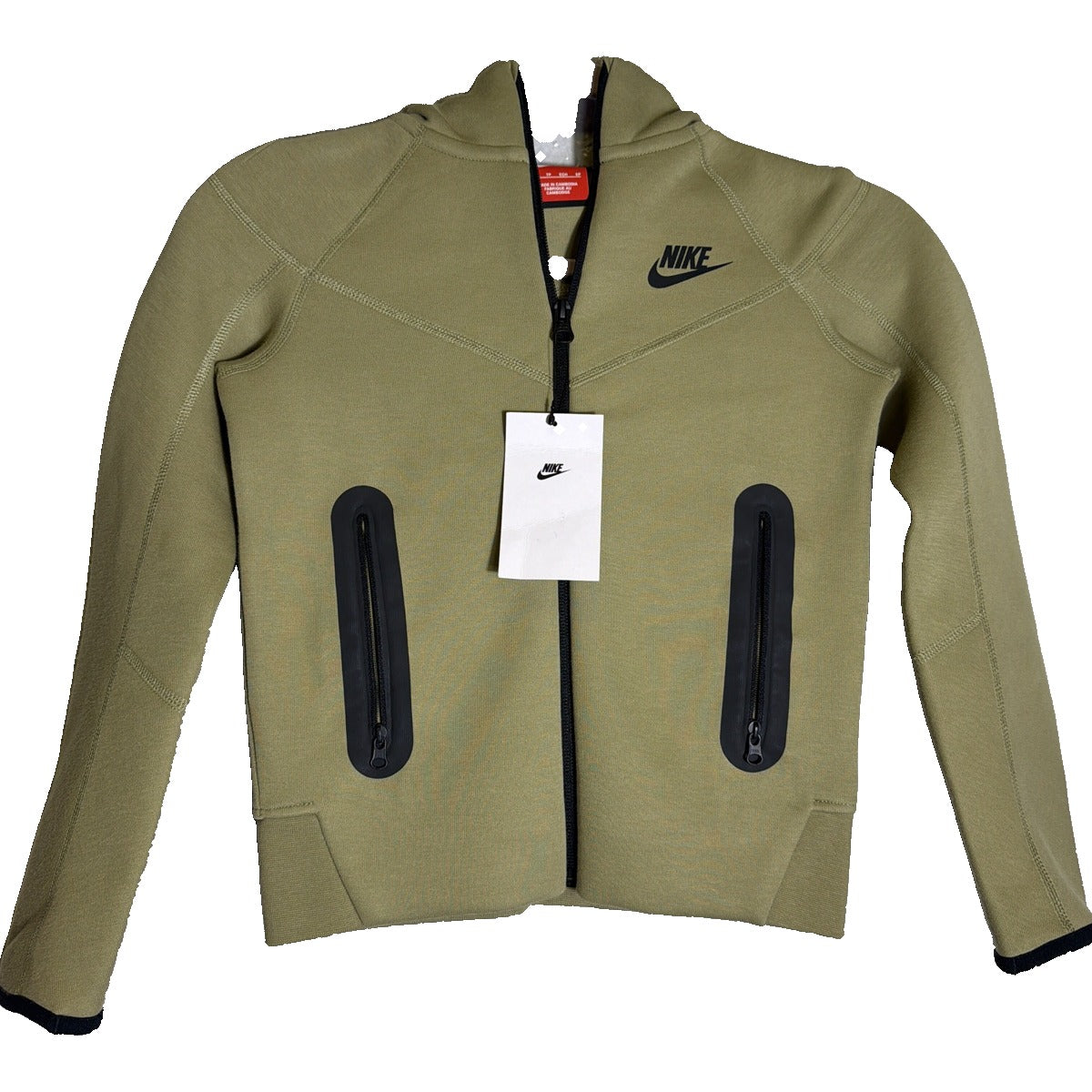Nike Kids Tech Fleece Full Zip Hoodie in neutral olive, size XS, featuring a comfortable sweatshirt style with Nike branding.
