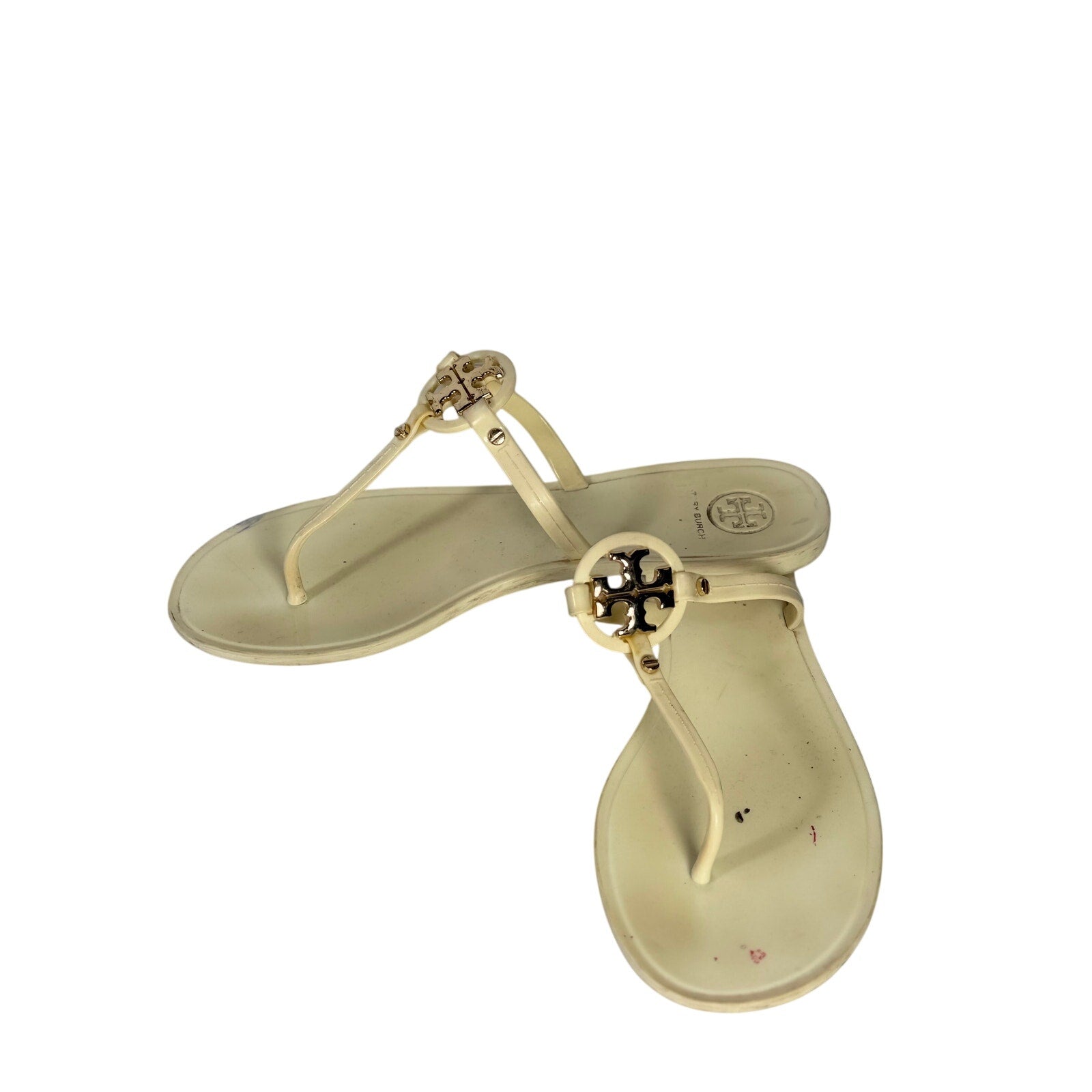 Tory Burch Miller Jelly Sandals for women, US size 8, ivory cream color with gold logo detail, flip flops with clear jelly straps.