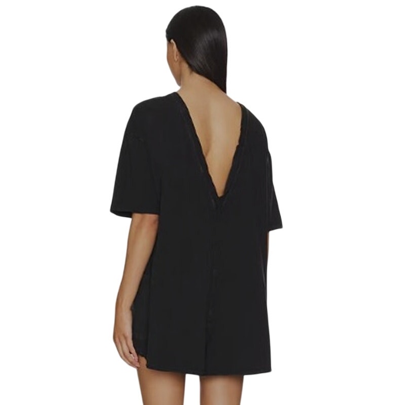 Black FP Movement Hot Shot Tee Romper for women, featuring shorts and a relaxed fit, displayed on a hanger.