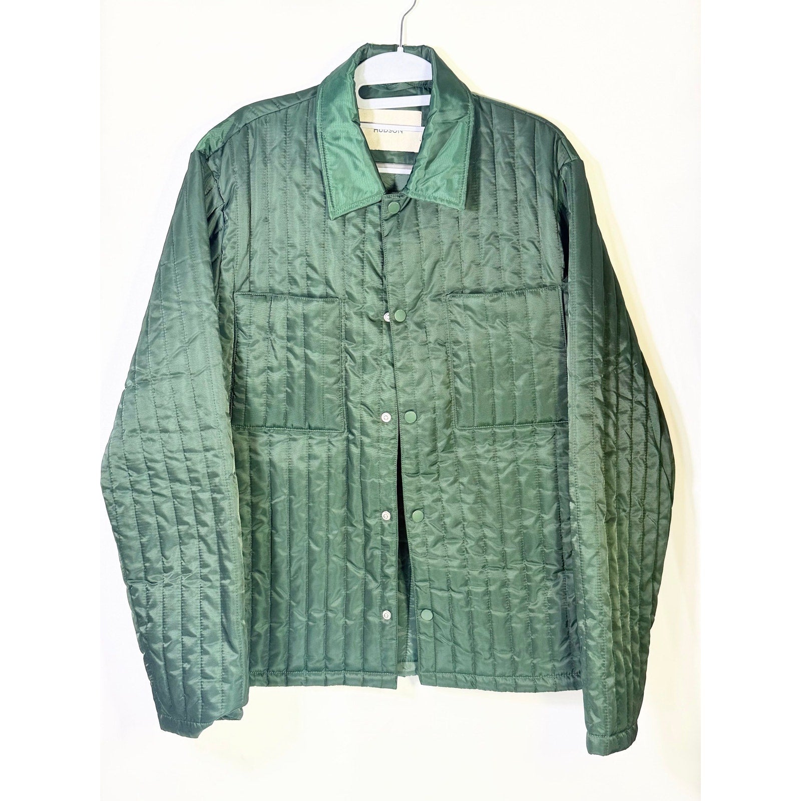 Hudson men's green quilted snap front coat in size medium, featuring a stylish collar and front pockets, new with tags.