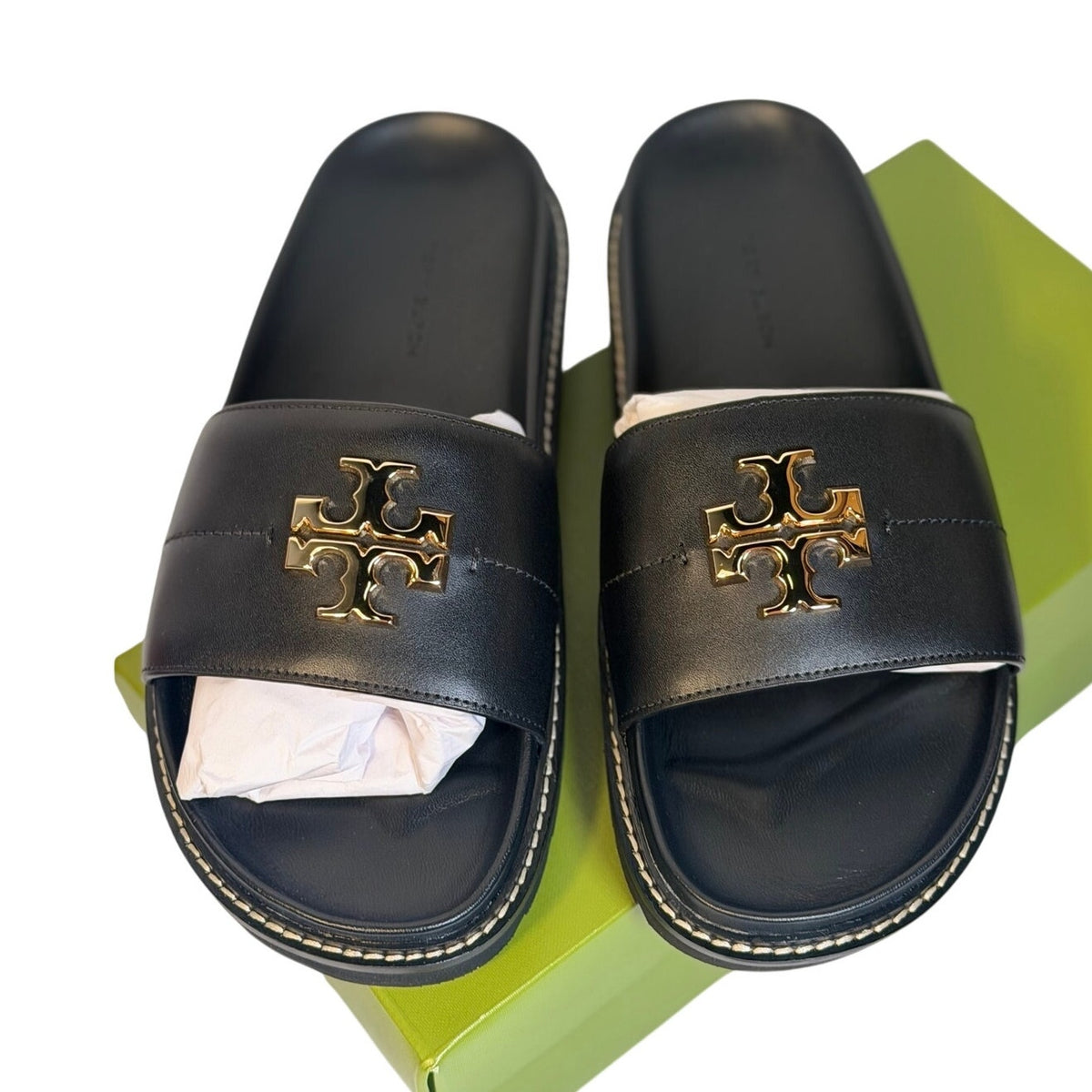Tory Burch Everly Anatomic Lug Slide Sandals Black Gold Women’s Size 8