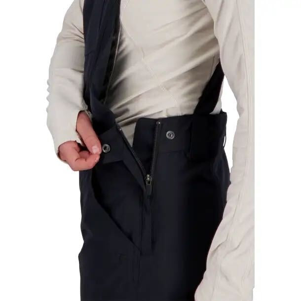 Black Obermeyer women's insulated ski snow bib overalls, size 8, showing the front view with adjustable straps and snow-resistant fabric.