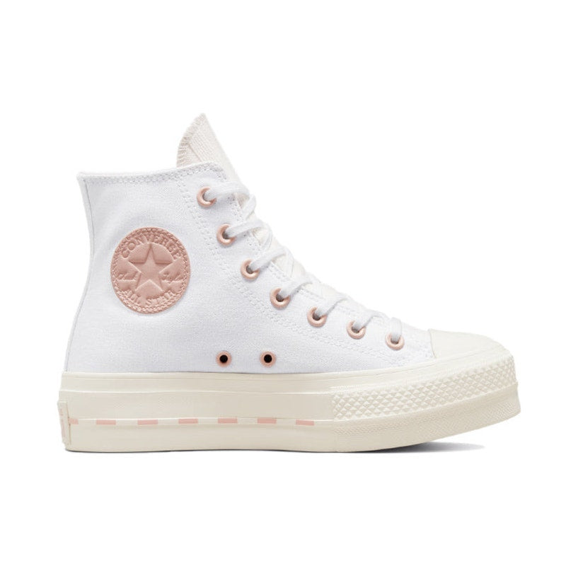 Converse Chuck Taylor All Star Lift High sneakers in white with pink clay accents, women's size 7.5, classic canvas footwear