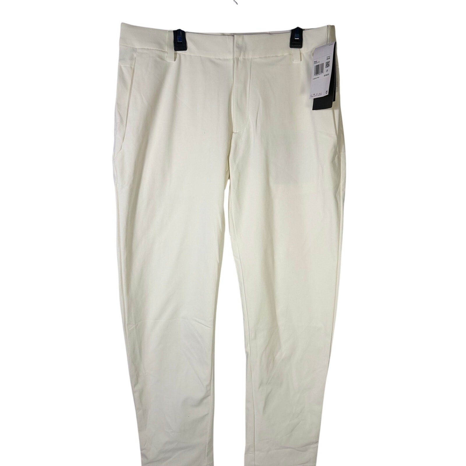 Nike Dri-FIT 24.7 slim fit men's training pants with five pockets in white, shown flat with waistband and pockets visible.