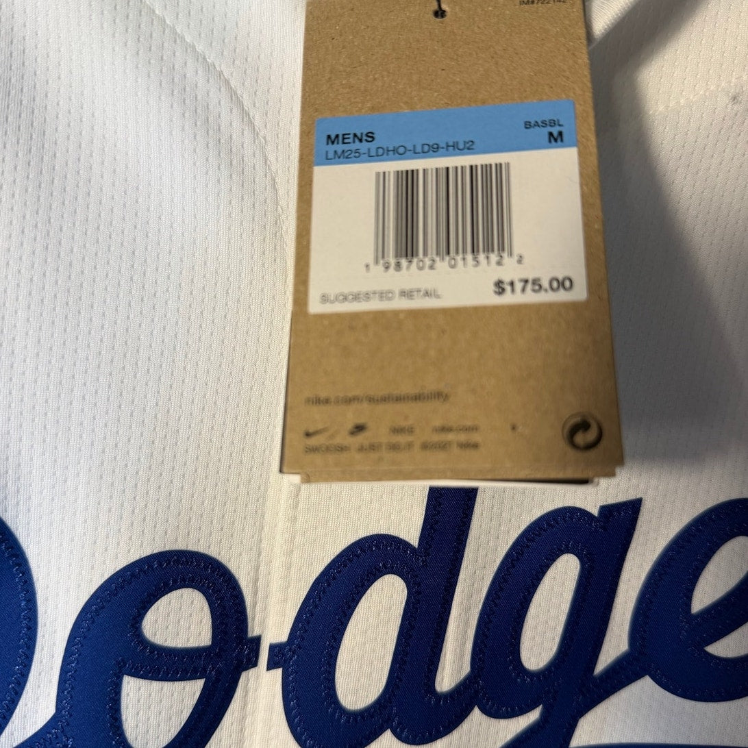Nike Los Angeles Dodgers Mookie Betts #50 men's white jersey, front view with team logo and Betts' name and number.