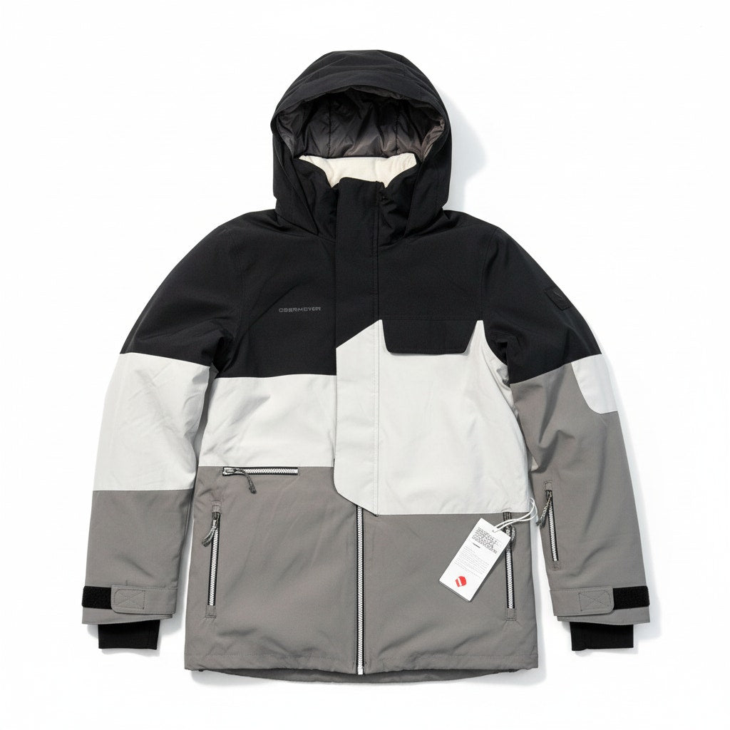 Obermeyer boys' Axel jacket in moonstone color, size XL, featuring a warm winter jacket with a hood and insulated design.