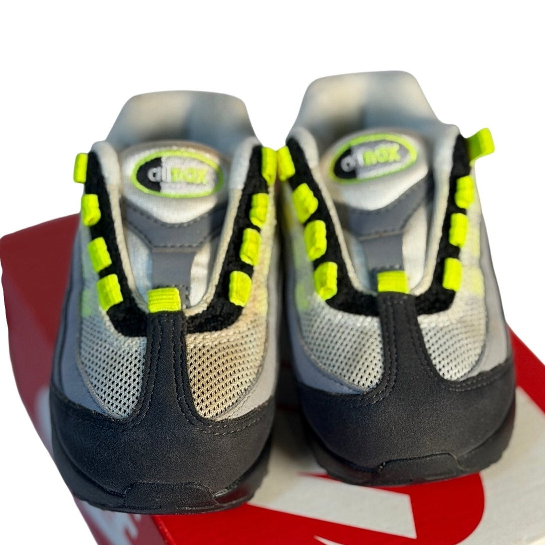Nike Air Max 95 toddler sneakers in gray, volt, and black with running shoe design, suitable for kids' active play.