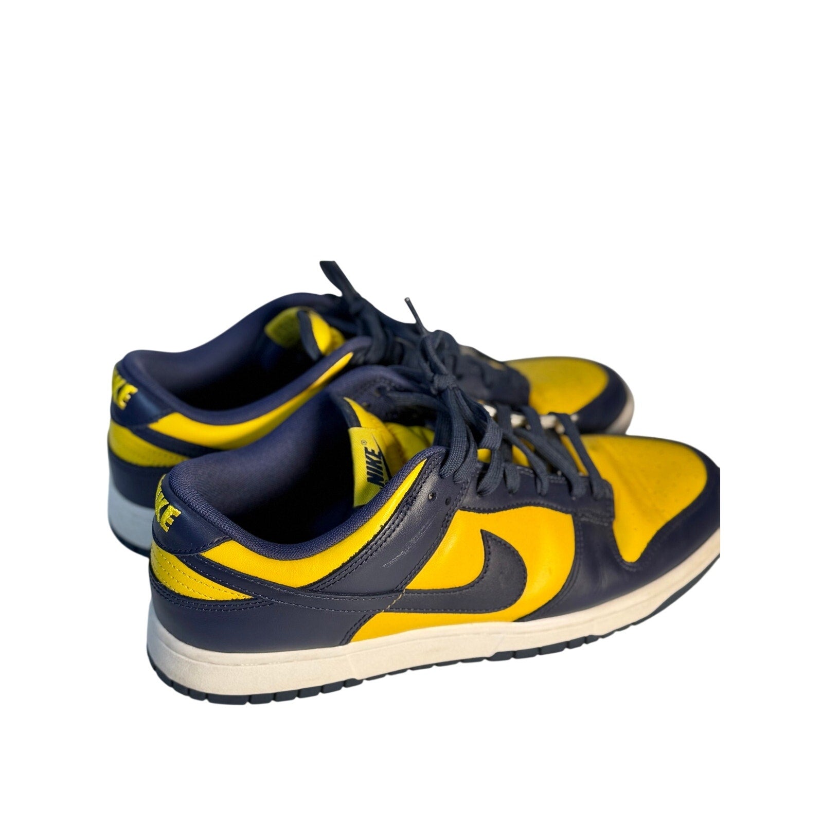 Nike Dunk Low Michigan Navy Yellow leather sneakers for men, US size 11, featuring navy and yellow design with a classic low-top style.