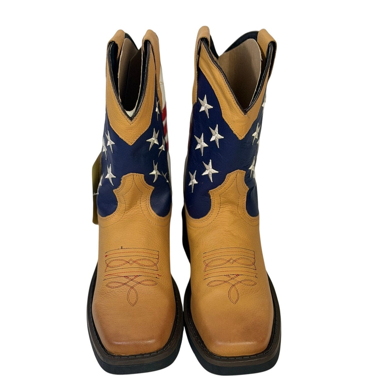 Youth cowboy boots by J.B. Dillon featuring a patriotic American flag design, tan leather, Western style, size 5.5 M.