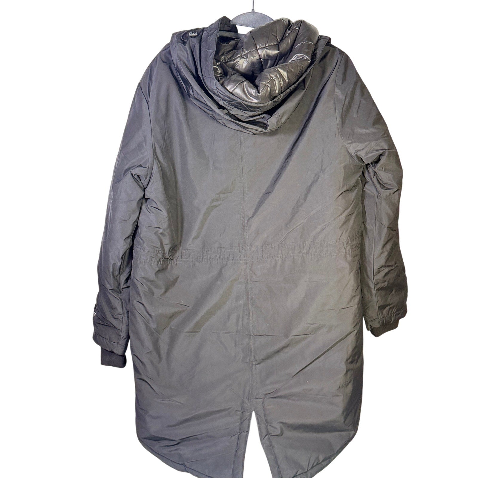 Black Free Country Women’s Arctic Series anorak jacket with hood, long coat design, shown on a model.