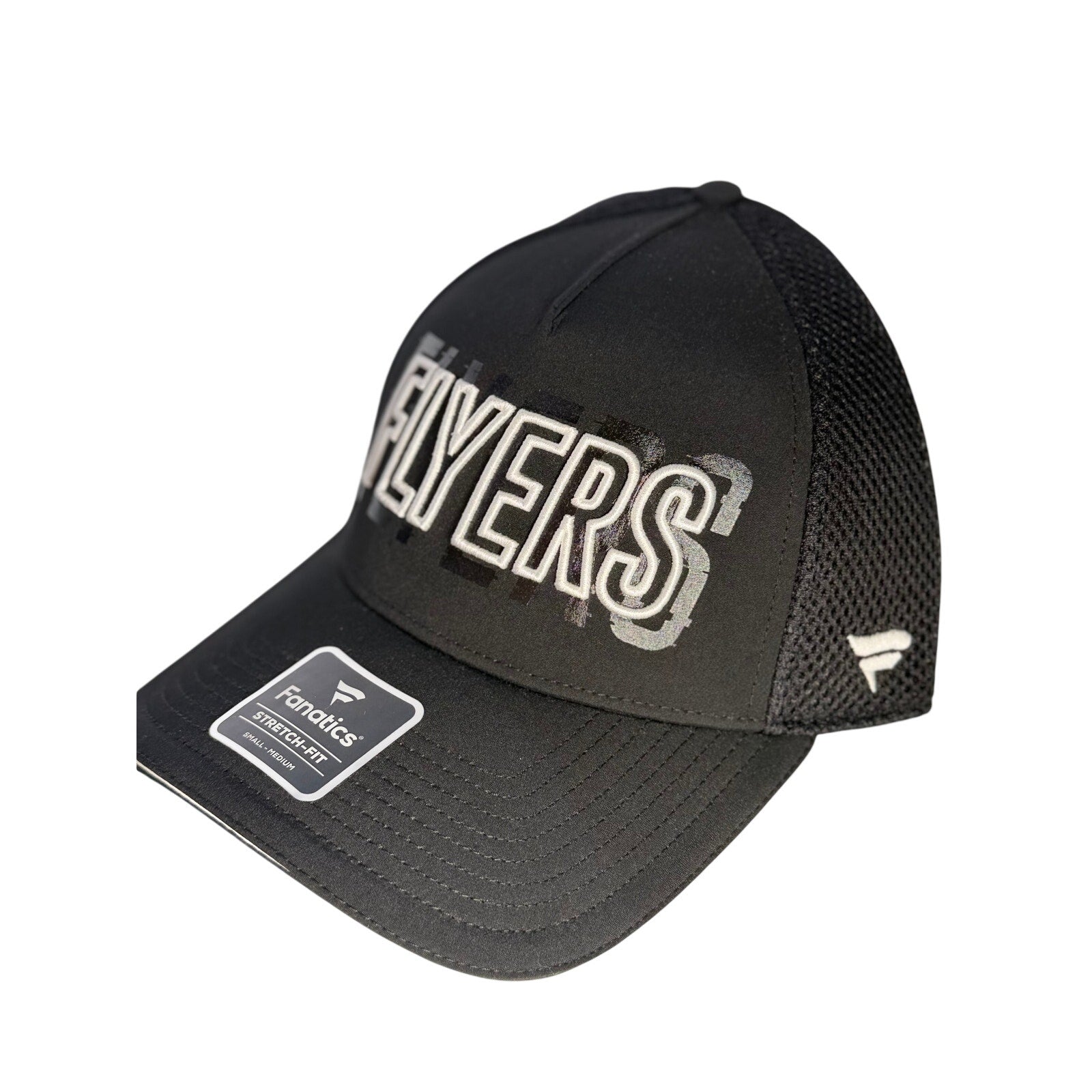 Fanatics Philadelphia Flyers black stretch fit hat in size S/M, featuring team logo and authentic pro design.