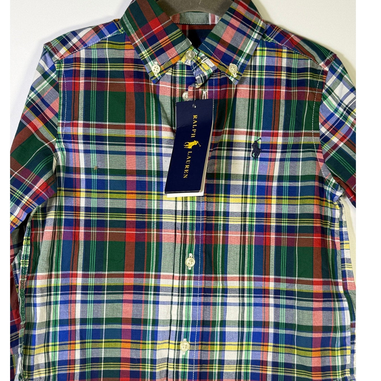 Ralph Lauren boys plaid shirt with khaki chino shorts, size 2T, casual clothing outfit set for young children.