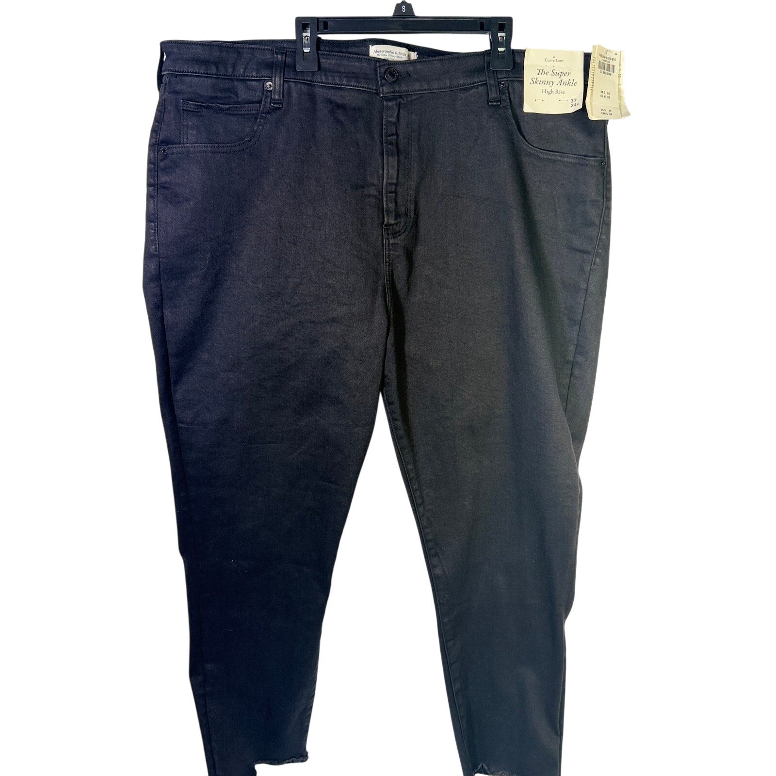 Black Abercrombie & Fitch Women’s Curve Love Super Skinny Ankle Jeans size 37, shown laid flat highlighting fit and fabric.