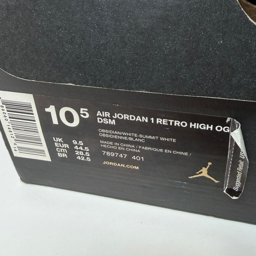 Men's Air Jordan 1 Retro High OG DSM sneakers in Obsidian and White, by Barry's X Nike, size 10, showcasing the iconic design.