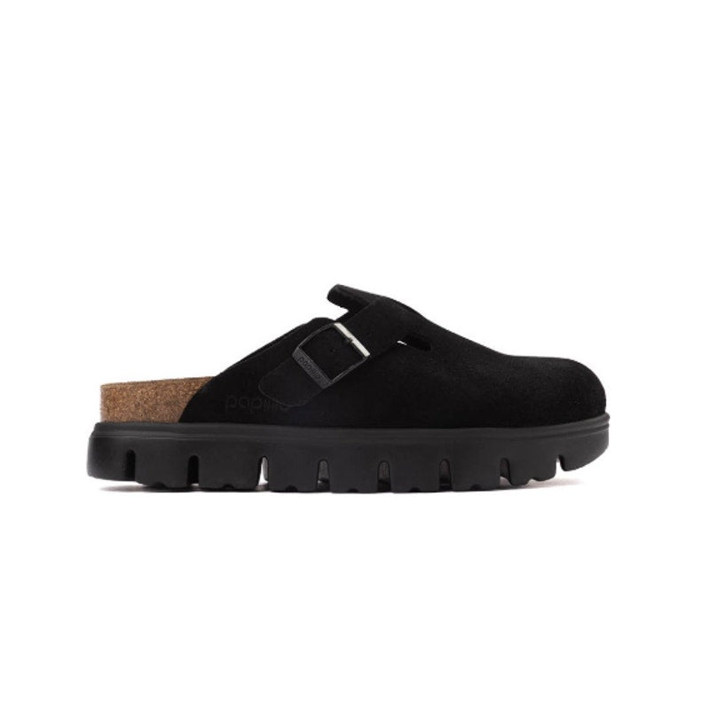 Black Papillio by Birkenstock Boston Chunky Clog sandals for women, featuring a chunky heel and classic slip-on design.