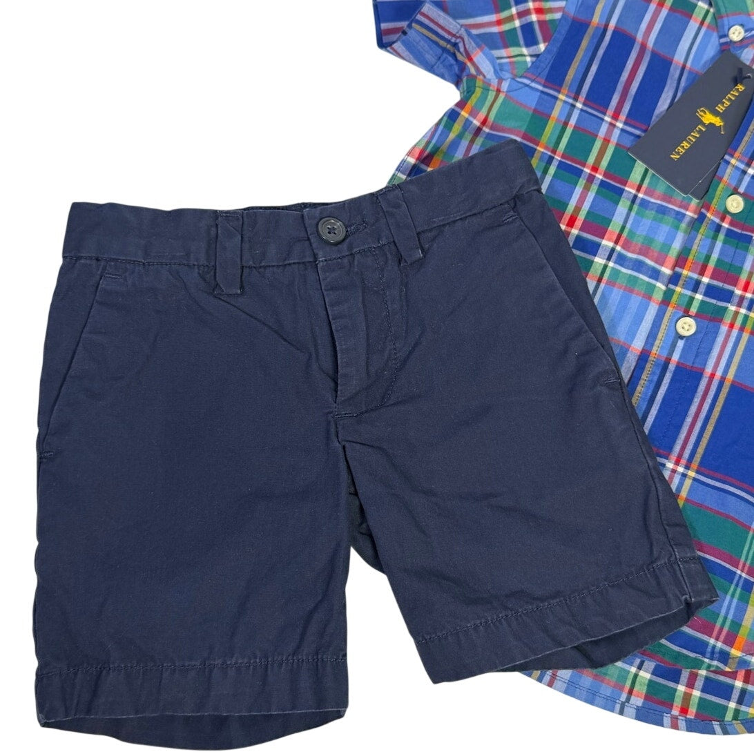 Ralph Lauren boys plaid shirt in navy and chino shorts in size 2T and 4T, casual clothing outfit set for kids
