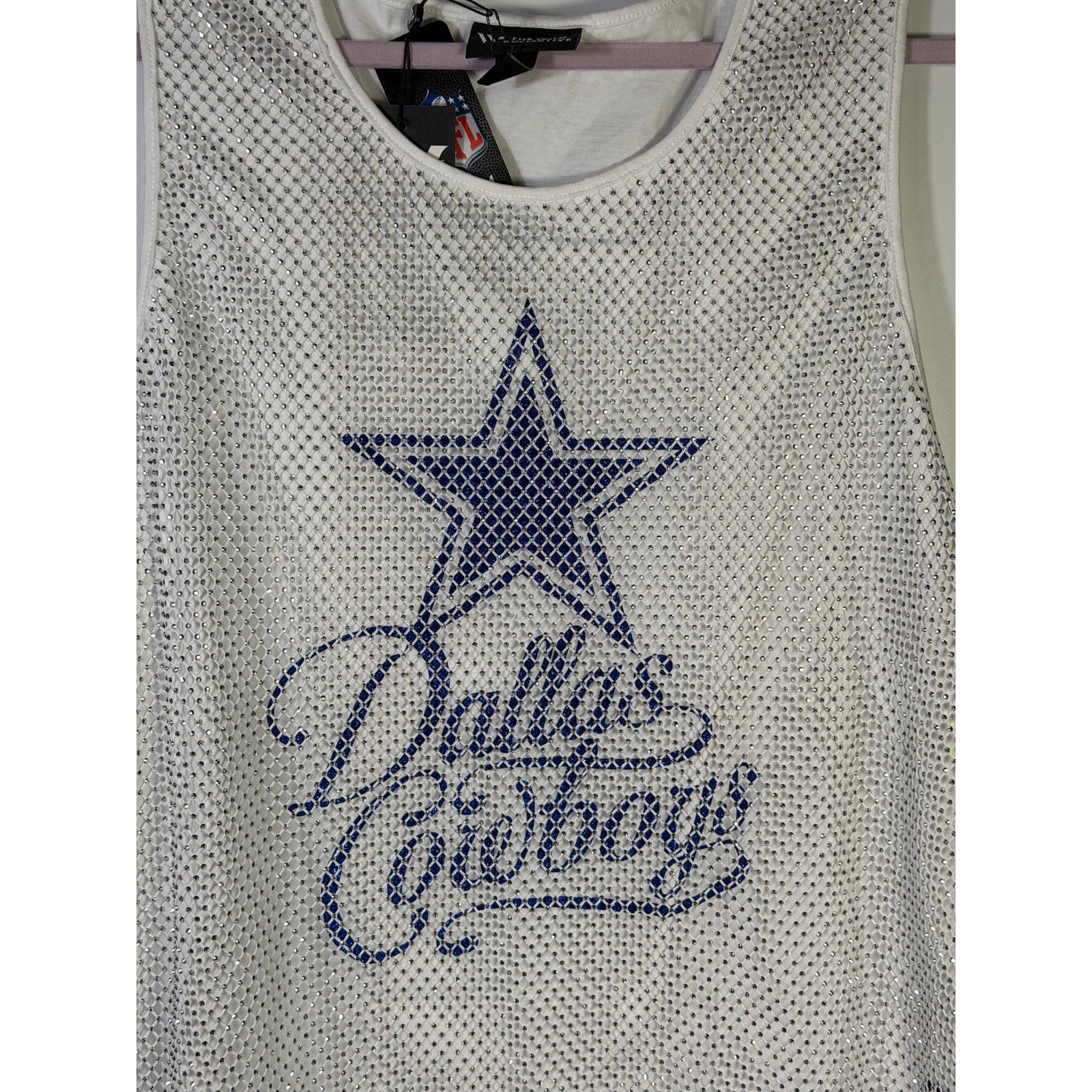 White Wear by Erin Andrews Dallas Cowboys jeweled mesh tank top for women, size 2XL, featuring decorative embellishments.