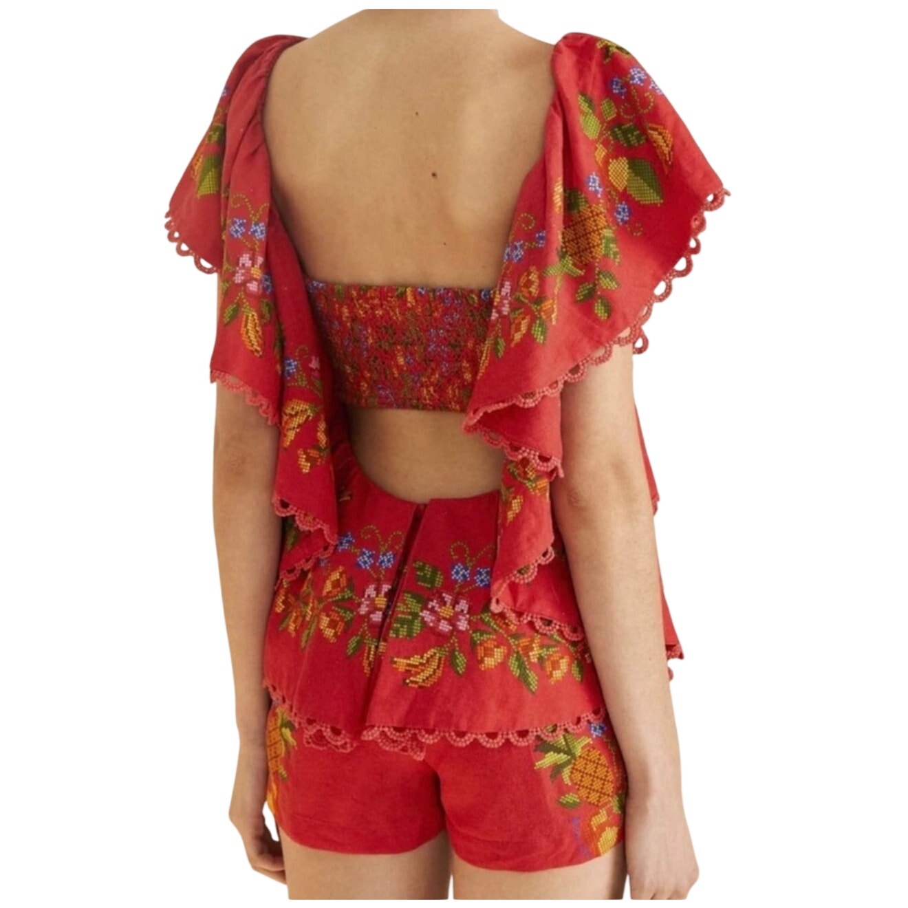 FARM Rio women's red floral embroidered flutter sleeve romper, size XL, stylish and vibrant outfit set for warm weather.