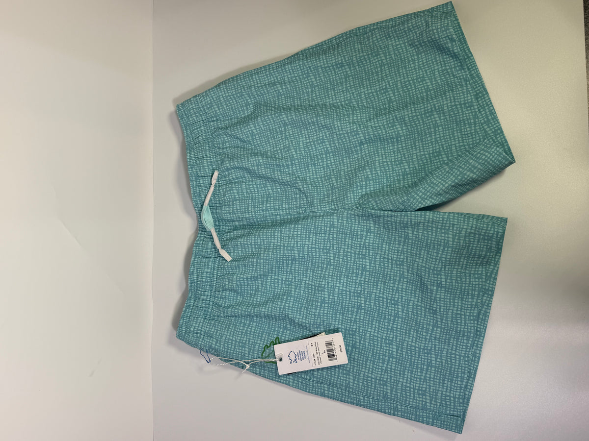 Southern Tide printed teal performance swim trunks in size L, featuring vibrant patterns and quick-dry fabric for swimming and beachwear.