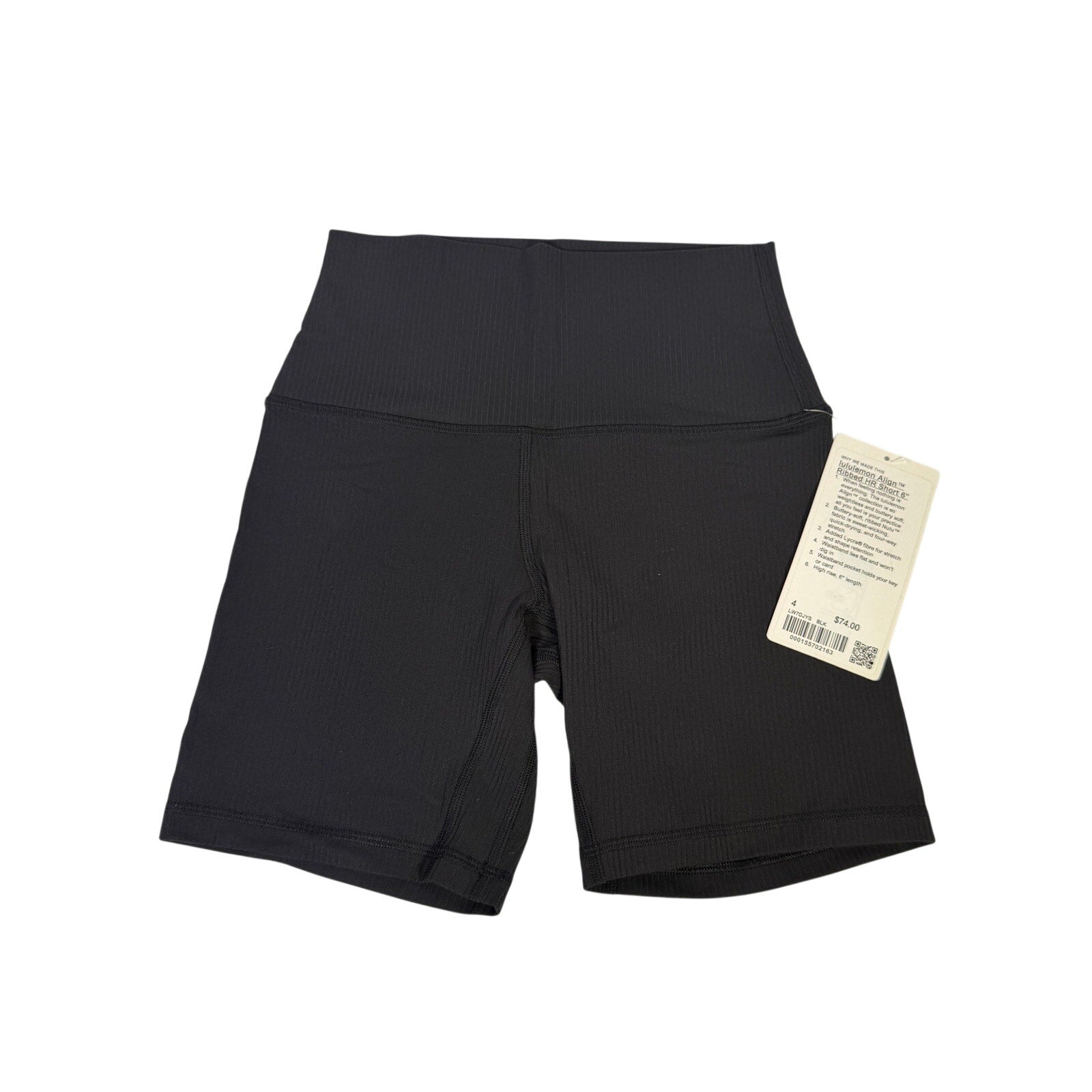Black Lululemon Align ribbed high-rise 6-inch shorts for women, size 4, featuring a snug fit and comfortable high waistband.