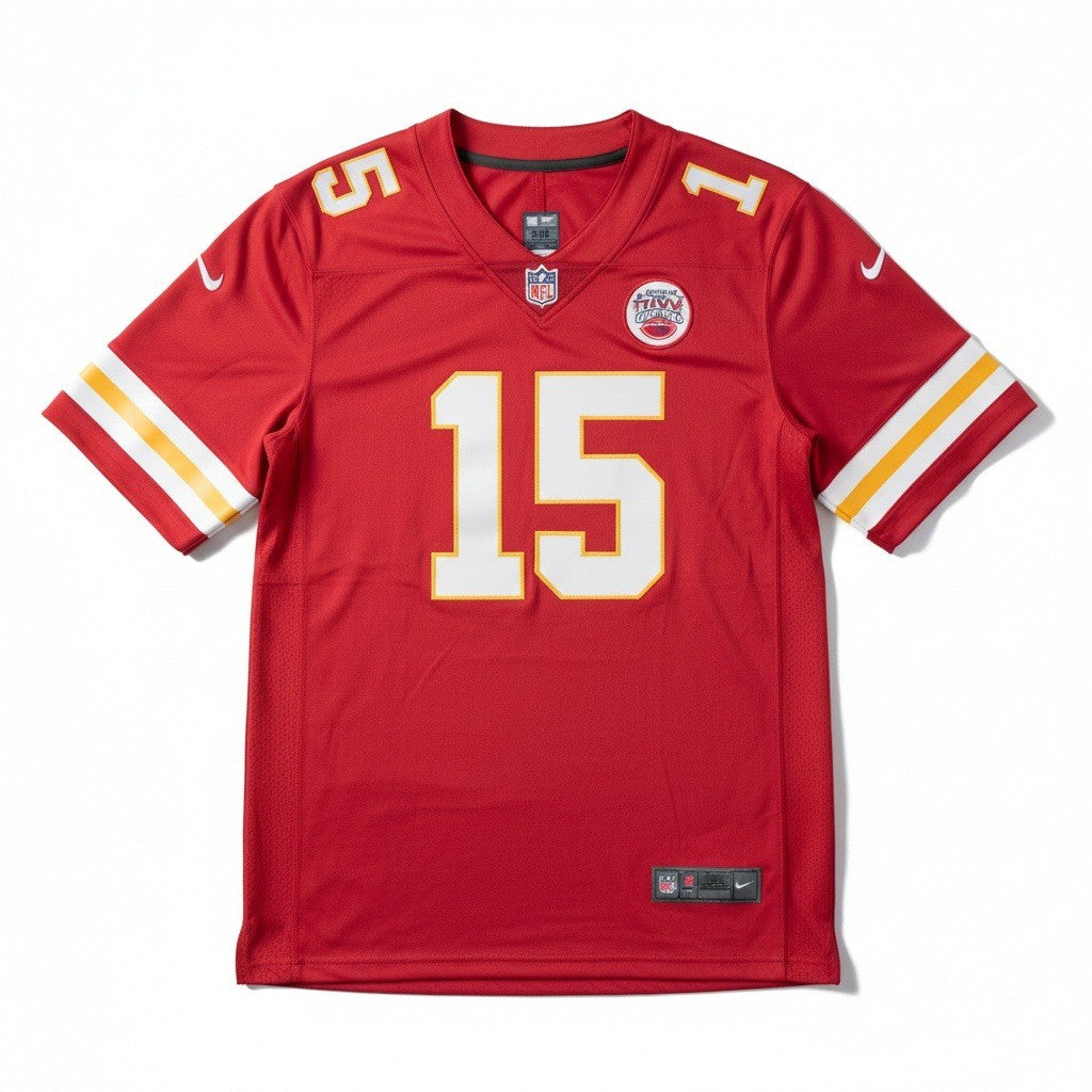 Nike OnField Mahomes Kansas City Chiefs men's 2XL jersey with stitched #15, showcasing team logo and player details.