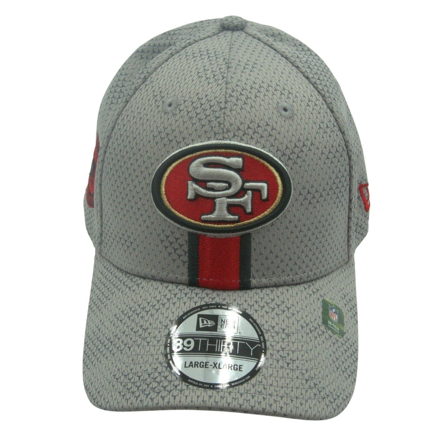 NFL New Era 39THIRTY San Francisco 49ers stretch fit hat in size L/XL with team logo and red and gold colors.