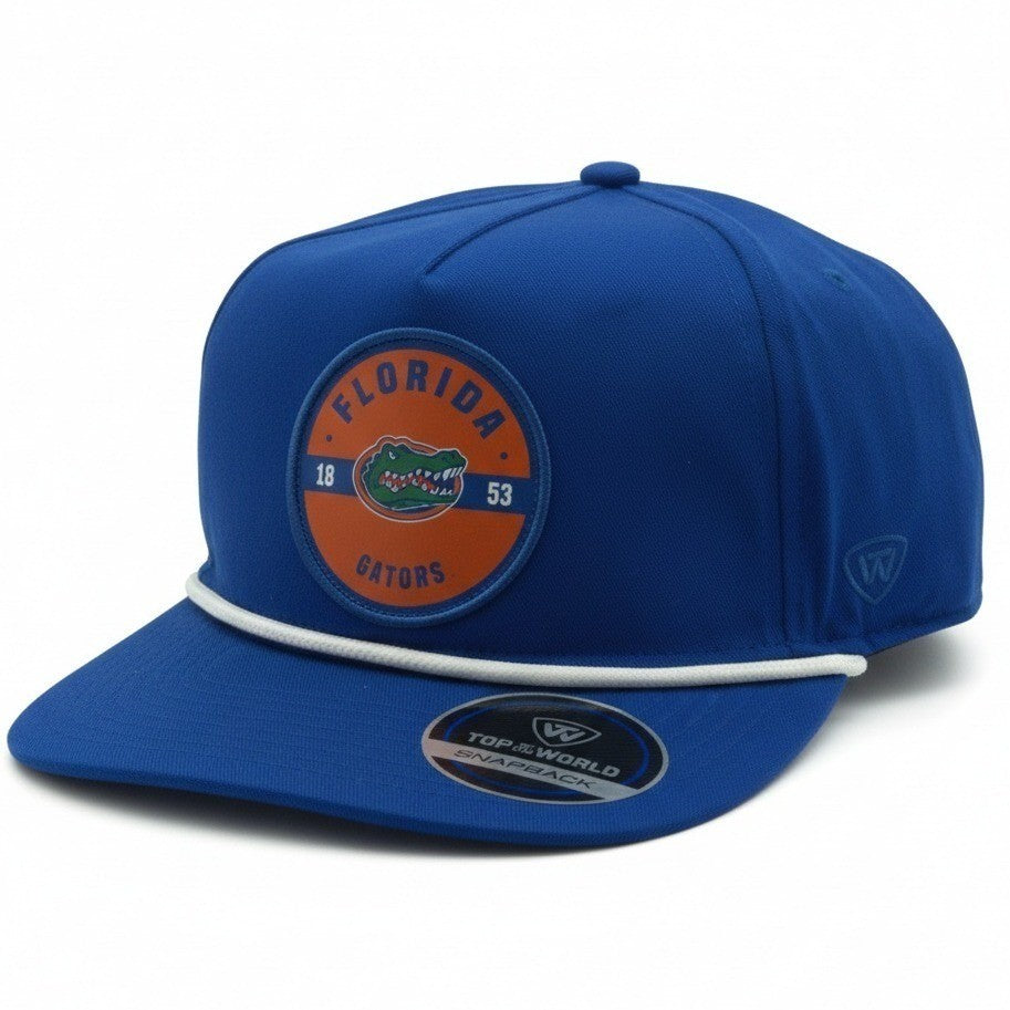 Blue Florida Gators snapback hat by Top Of The World with white rope detail, adjustable one size fits most, casual sports style.