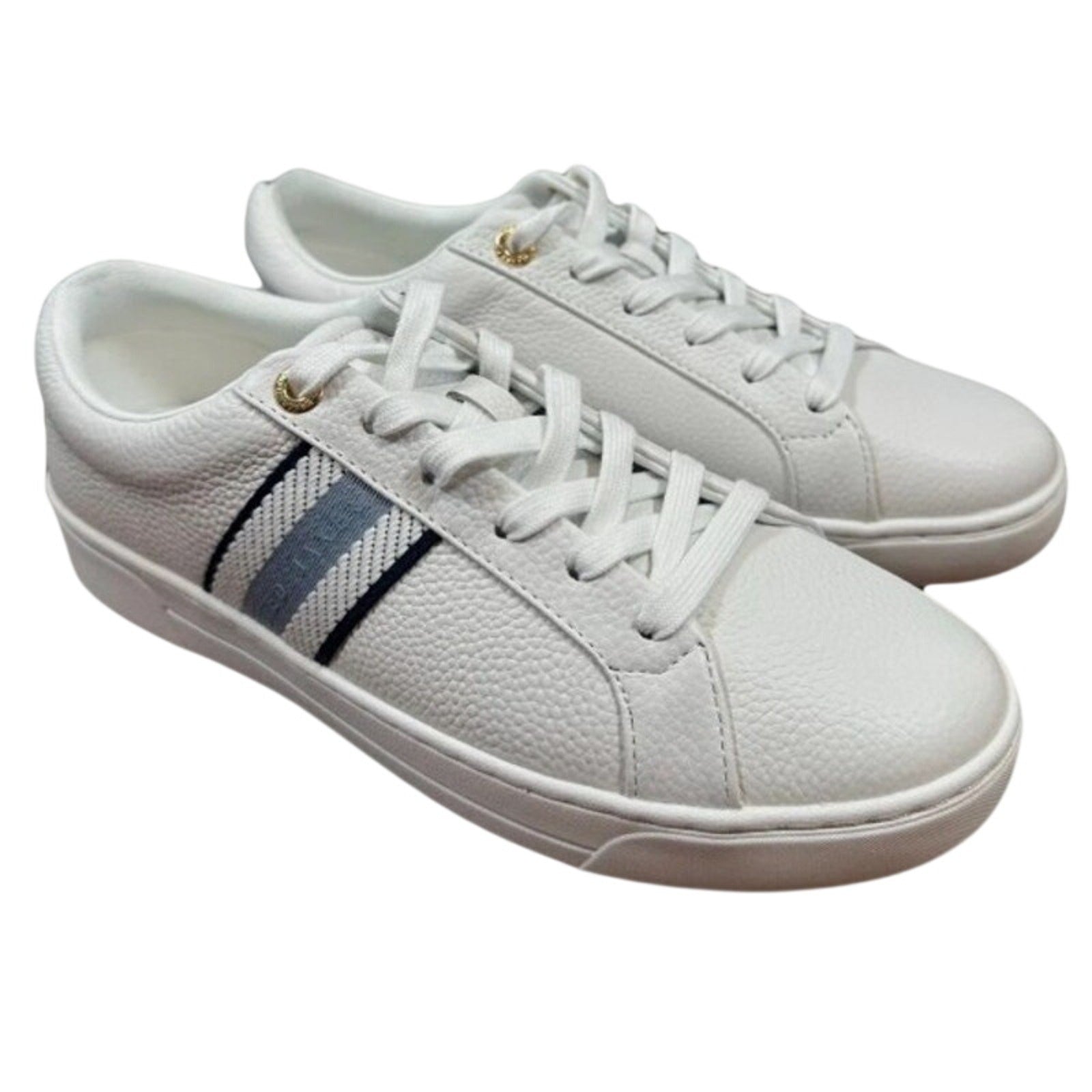 Ted Baker Bailey Icon leather sneakers in white and blue, showing the stylish low-top design and brand logo on the side.