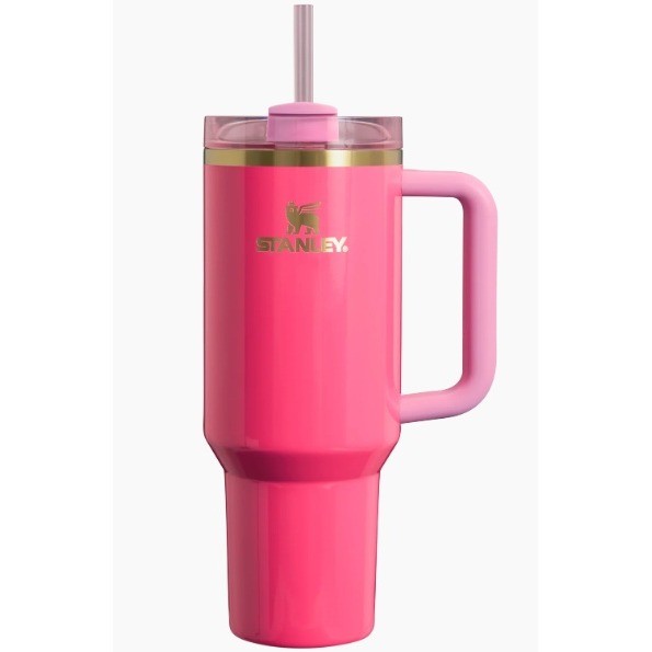Pink Stanley Quencher H2.0 FlowState™ Tumbler 40 oz, new in box, showing the vibrant pink exterior and durable design.