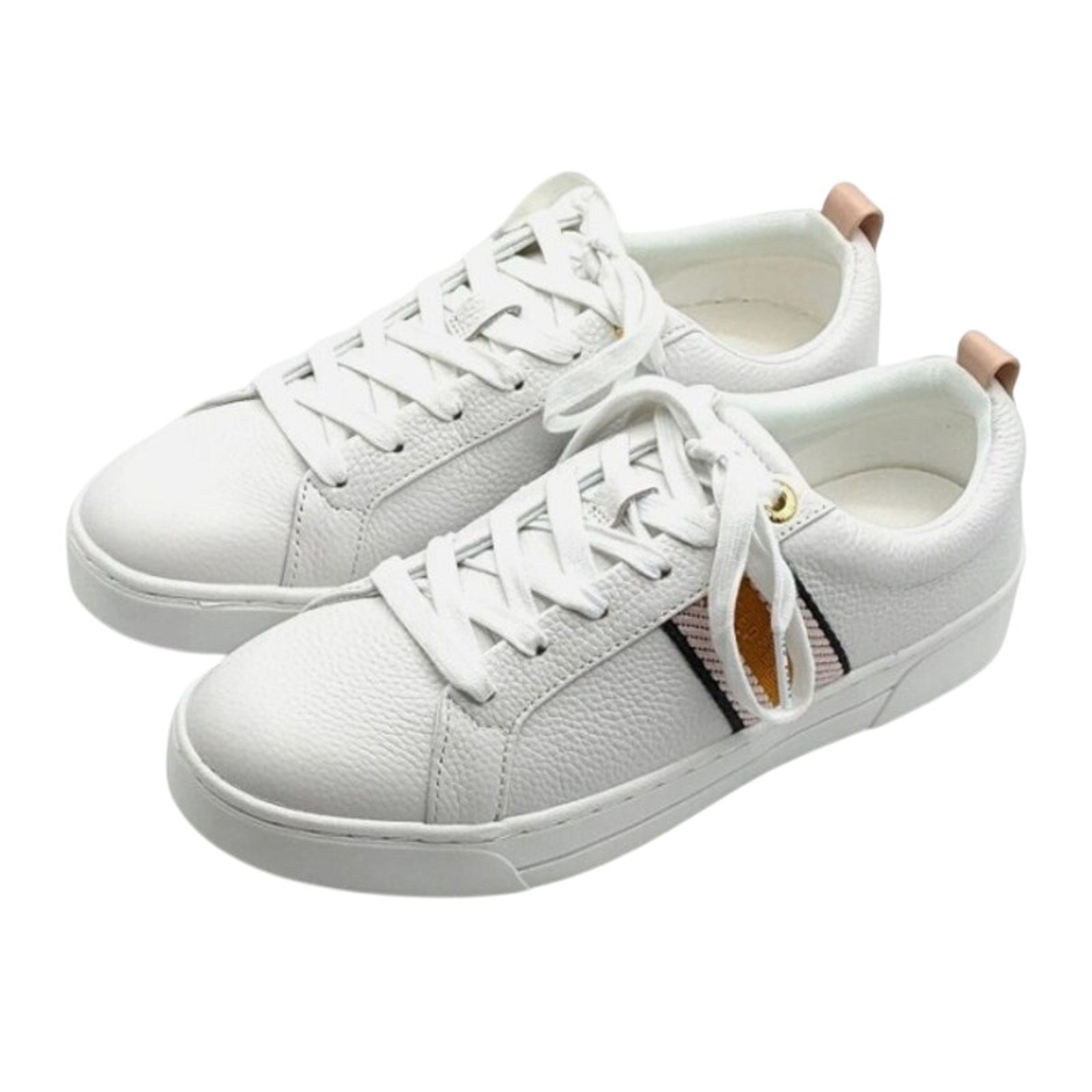 Pink and white Ted Baker Bailey Icon leather sneakers, size 7/8.5, featuring stylish design and comfortable fit.