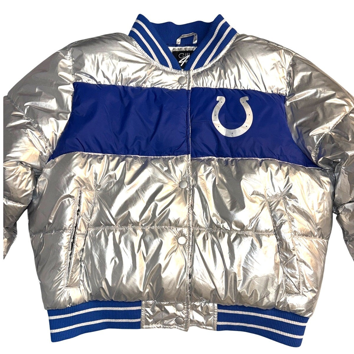Metallic silver puffer jacket for women by Gh4her, size large, with a shiny, quilted design and hooded style.