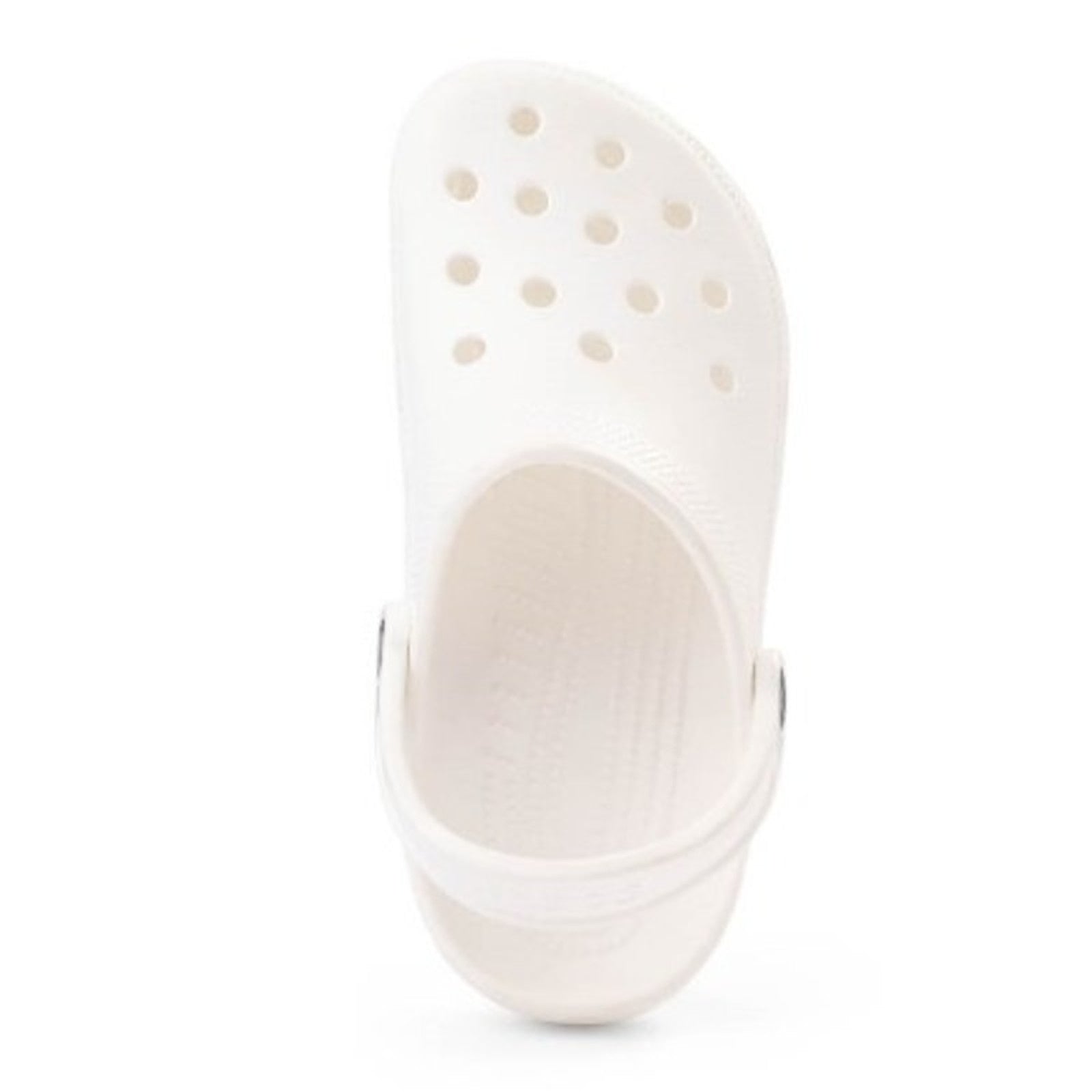 White Crocs Classic Clog sandals with ventilation holes and adjustable heel strap, featuring a comfortable slip-on design.