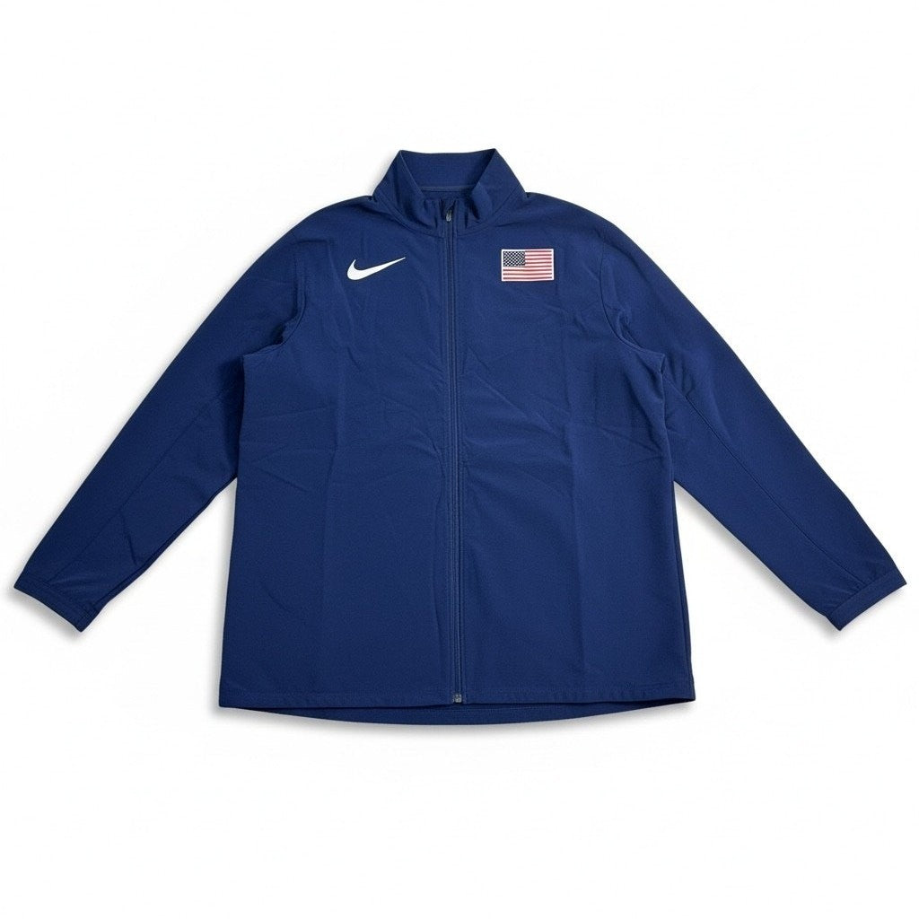 Men's Nike Team USA Dri-FIT full-zip track jacket in XXL, navy with USA logo, lightweight athletic jacket with zip front.