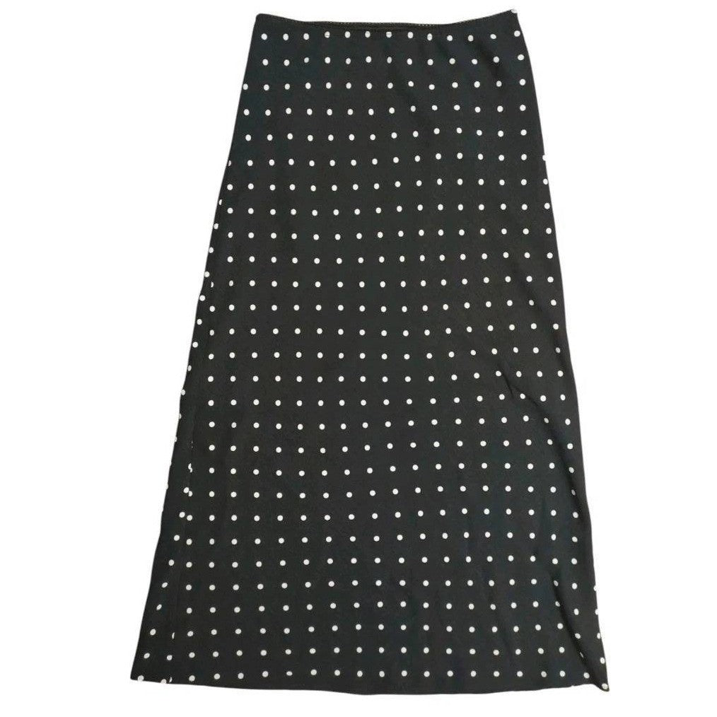 Black polka dot maxi slip skirt for women by Aeropostale, featuring a flowing design and comfortable fit.