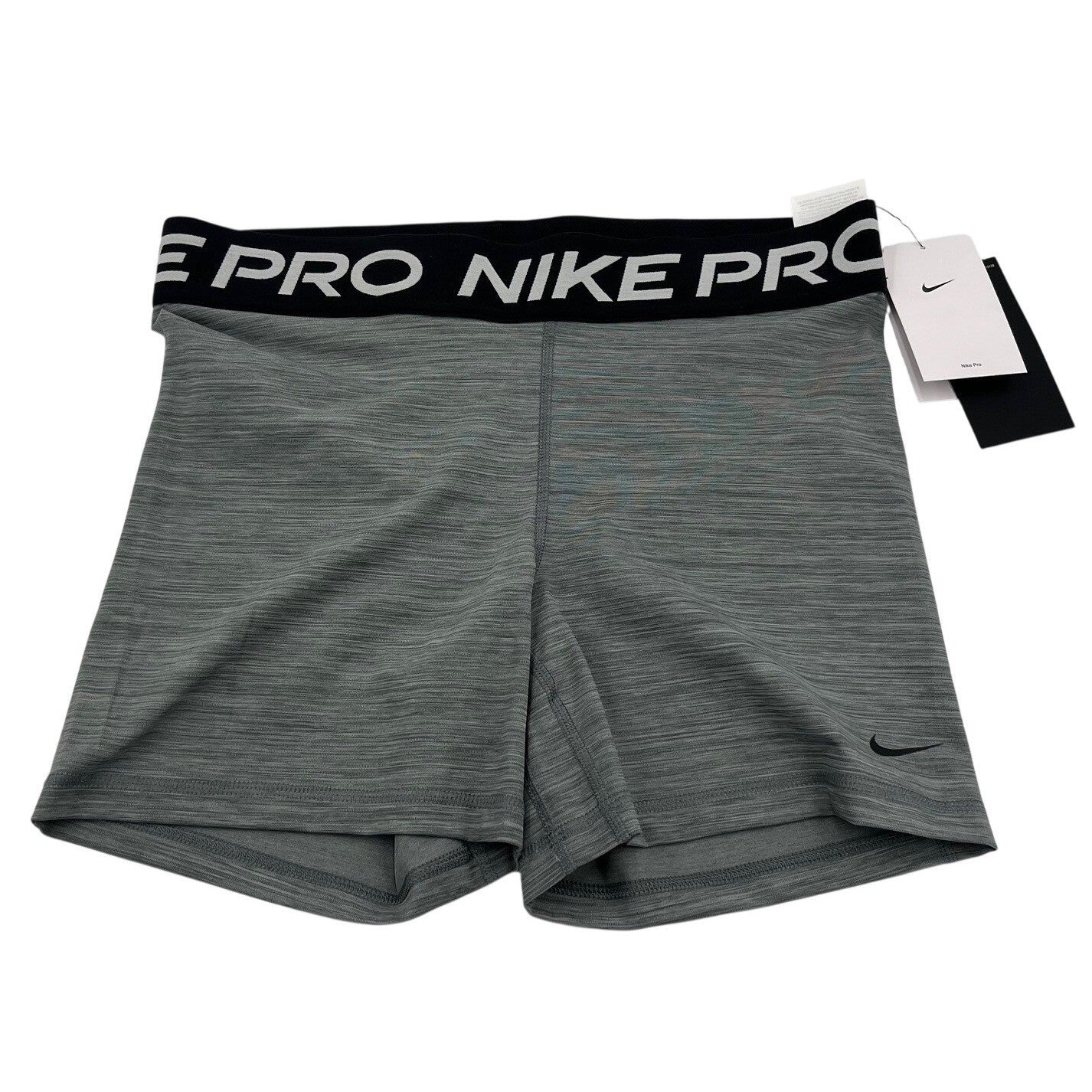 Nike Pro 365 women's gray and black training shorts with a 5-inch inseam, size large, shown on a model.