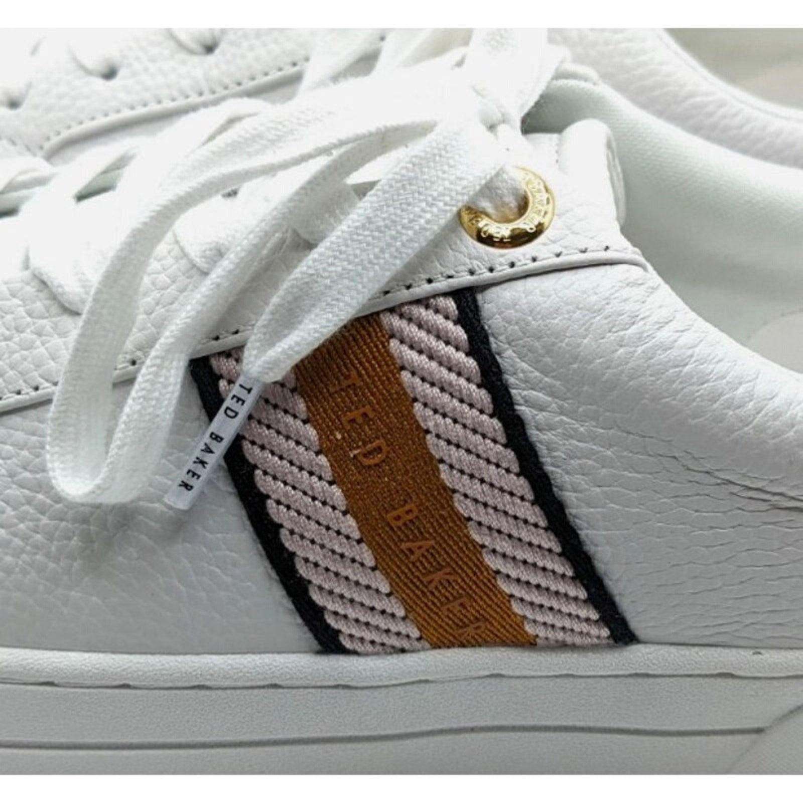 Pink and white Ted Baker Bailey Icon leather sneakers with sleek design and comfortable fit, size 7/8.5.