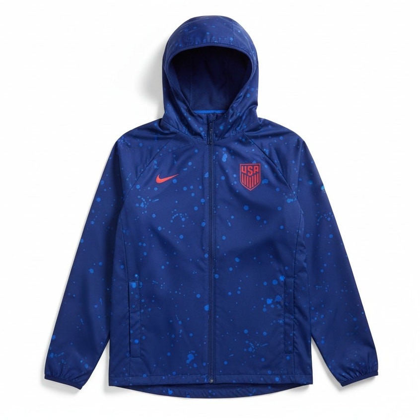 Nike USA men's blue splatter soccer anthem windbreaker jacket, lightweight wind-resistant jacket, front zipper, adjustable hood.