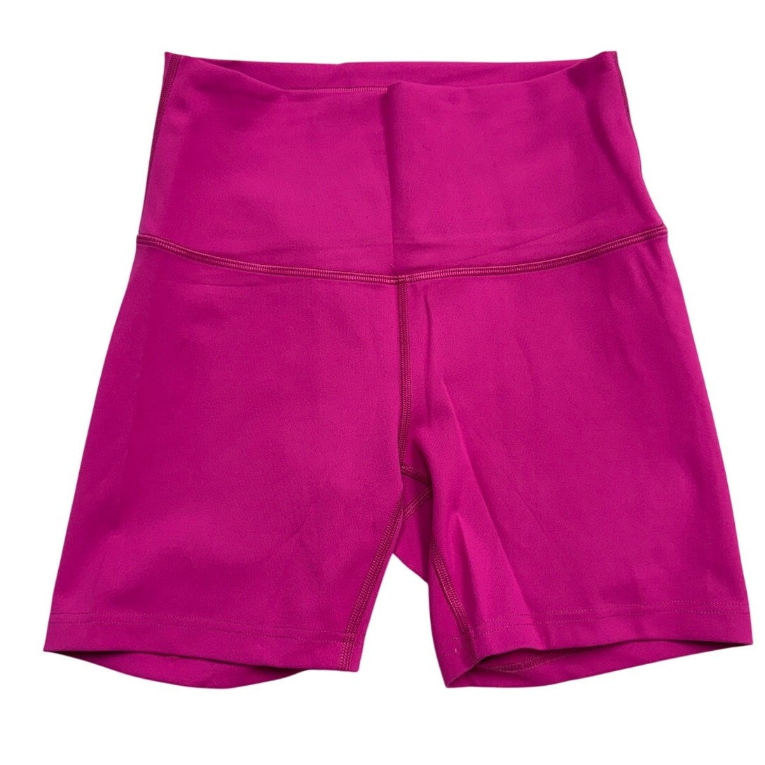 Lululemon Wunder Train high-rise 8-inch shorts in Ripened Raspberry, women's size 6, showing the fitted athletic shorts front view.