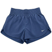 Nike women's navy training shorts with high waist and Dri-FIT fabric, shown laid flat with an elastic waistband.