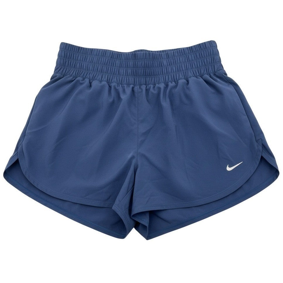 Nike women's navy training shorts with high waist and Dri-FIT fabric, shown laid flat with an elastic waistband.