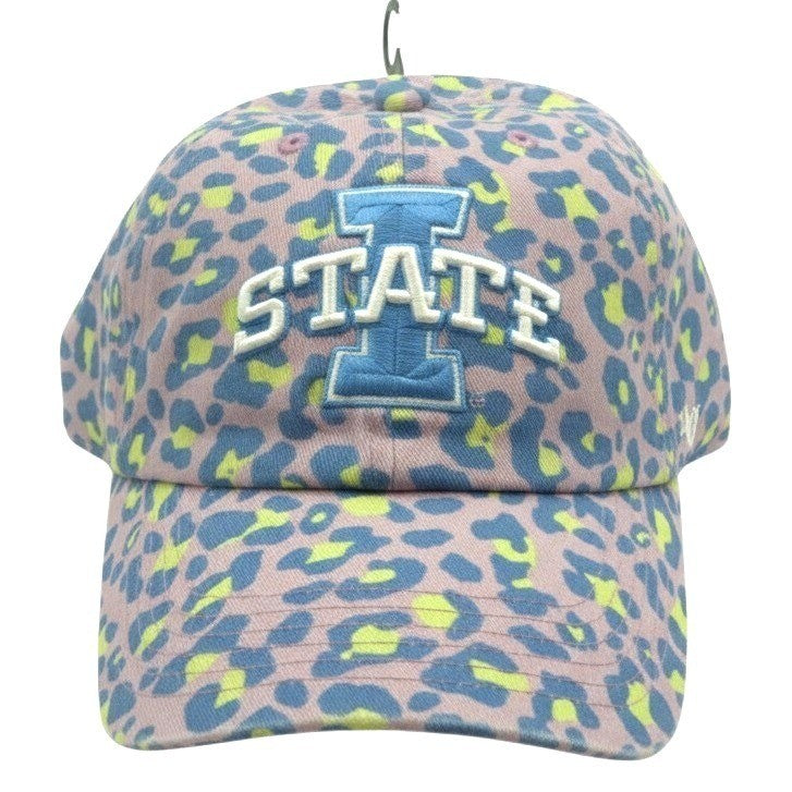 Youth adjustable Iowa State Cyclones hat by 47 Brand with purple leopard print design and team logo on front.
