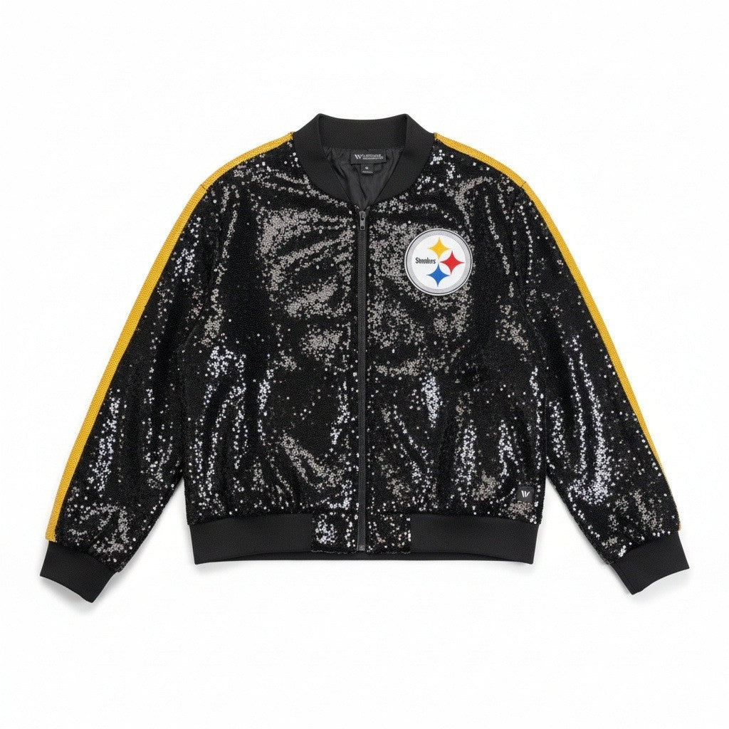 Women's XL The Wild Collective sequin Pittsburgh Steelers full-zip jacket with metallic silver and black detailing.