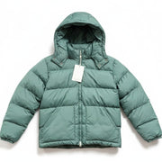Men's Alpine Design green water-repellent puffer jacket parka, small size, showing the insulated, quilted exterior and hood.