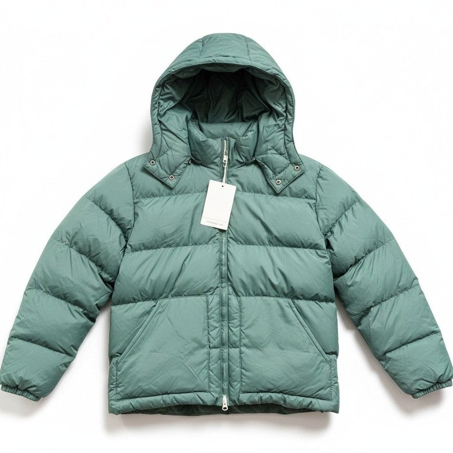 Men's Alpine Design green water-repellent puffer jacket parka, small size, showing the insulated, quilted exterior and hood.