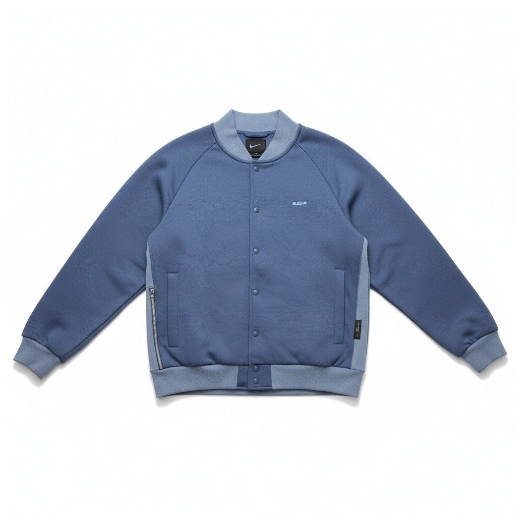 Nike LeBron Therma-FIT varsity jacket with ribbed cuffs and collar, large size, navy blue with varsity-style design.