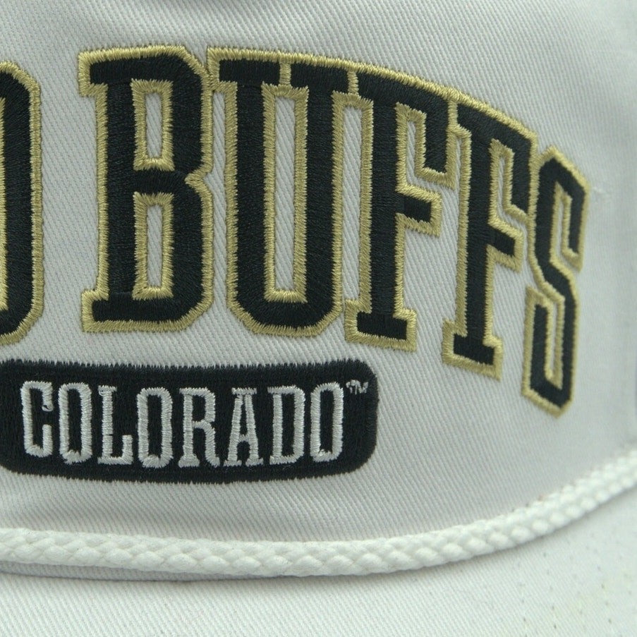 47 Brand Colorado Buffaloes Sko Buffs white A-frame rope hat with adjustable strap, featuring team logo and casual style.