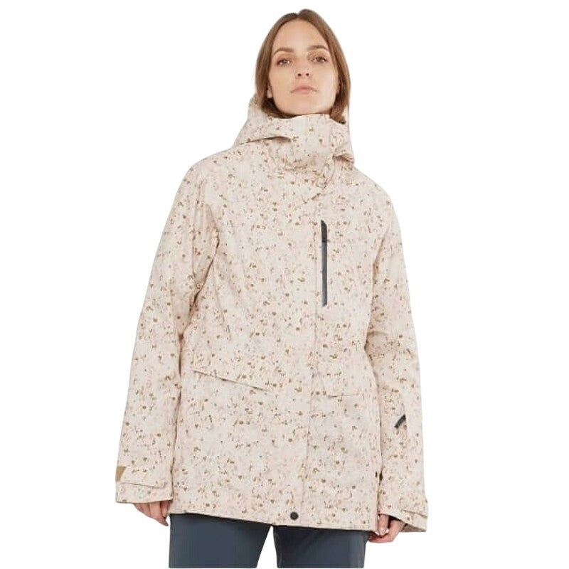 Women's Salomon ski jacket in whisper white with cargo style, size XS, featuring a lightweight, insulated design for winter outdoor activities.