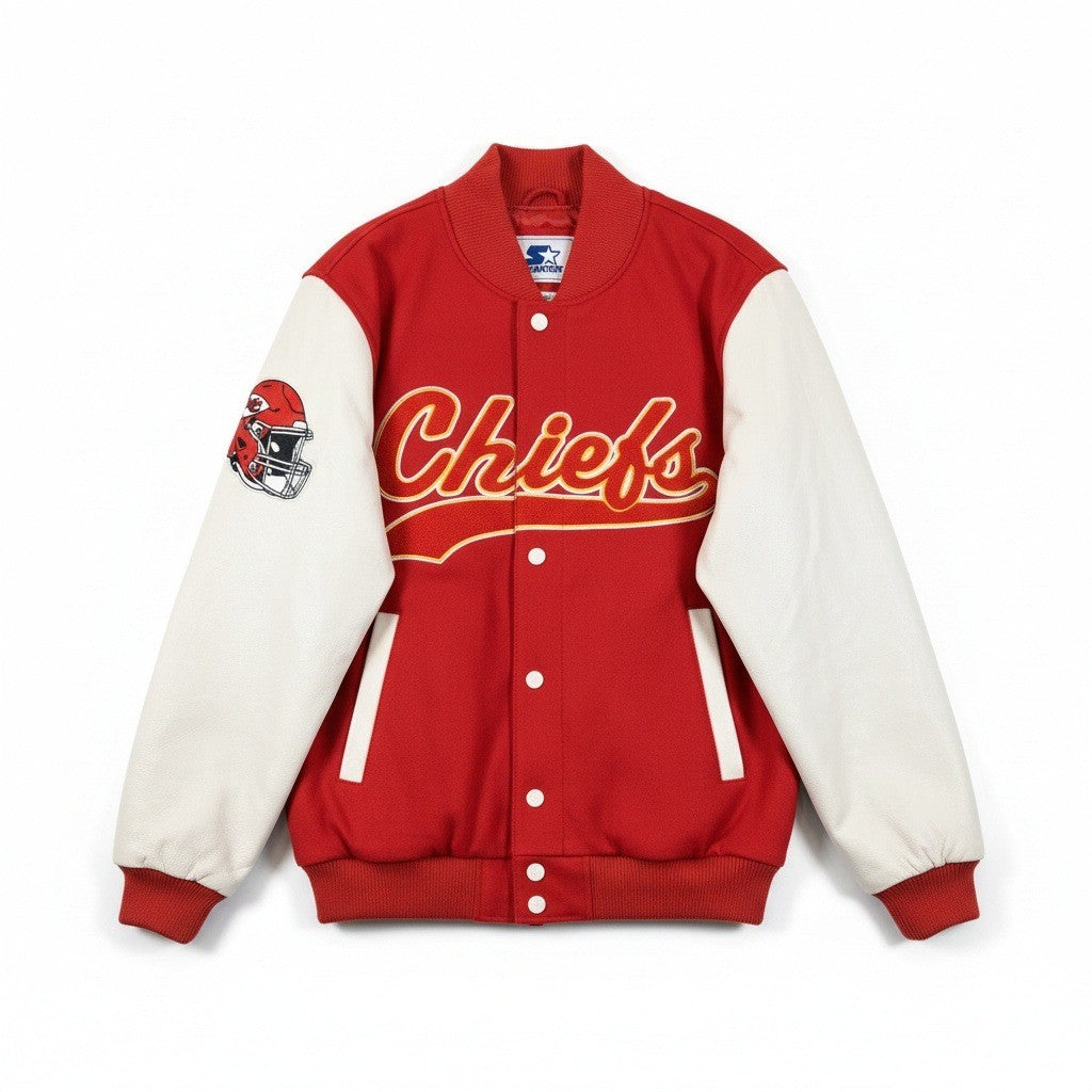 Starter Kansas City Chiefs varsity jacket with quilted lining and embroidered team logo, men's medium size.