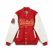 Starter Kansas City Chiefs varsity jacket with quilted lining and embroidered team logo, men's medium size.